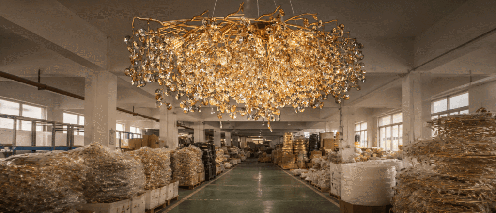 Gold tree branch crystal chandelier in the HongFu Lighting factory