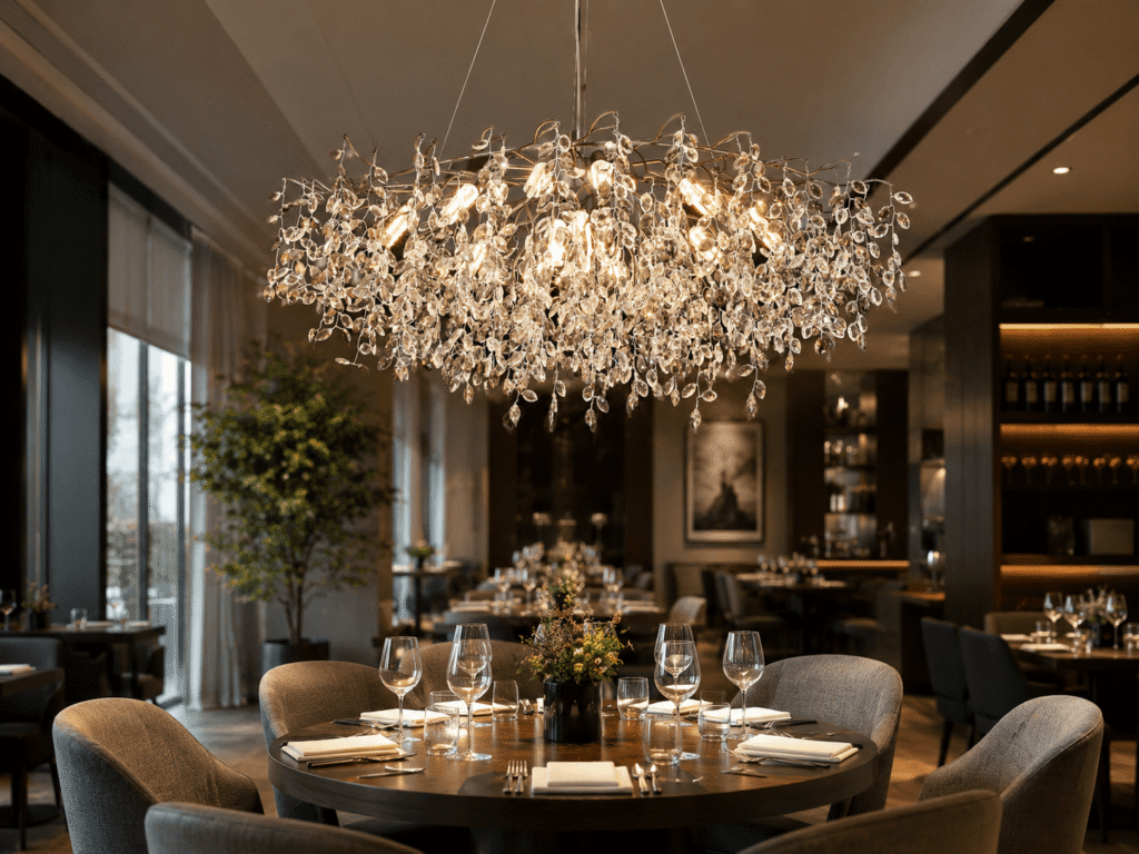 Hotel restaurant dining room with crystal chandelier