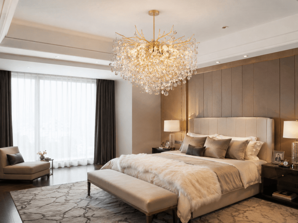 Luxury villa bedroom with tree branch crystal chandelier