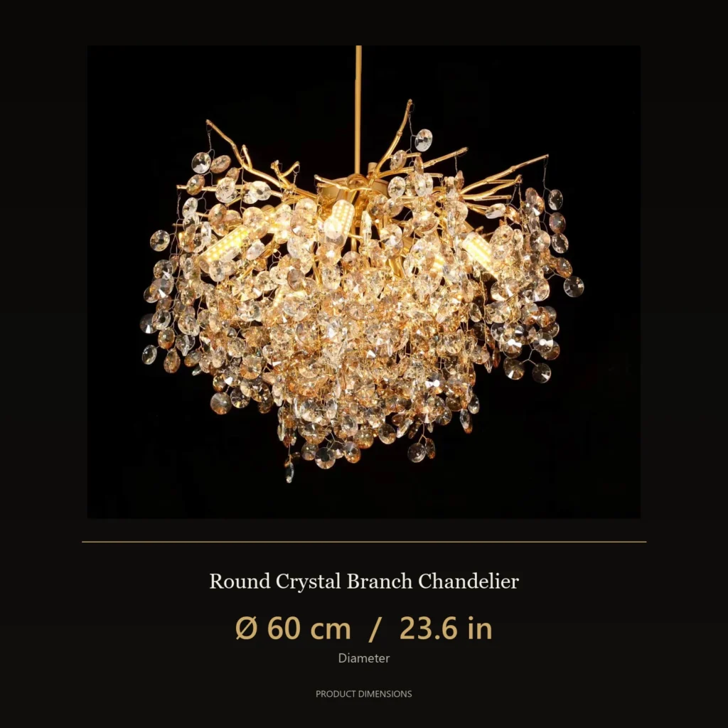 Round crystal branch chandelier size reference — Ø60cm / 23.6 inches