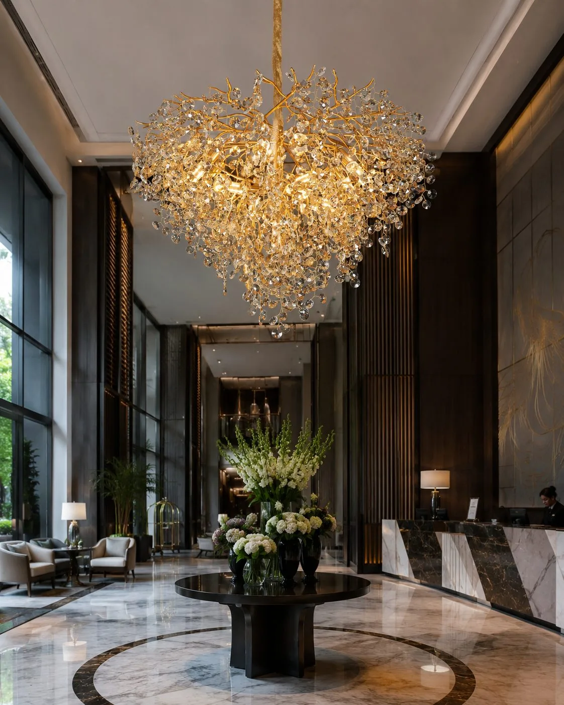 Gold tree branch crystal chandelier installed in a luxury hotel lobby