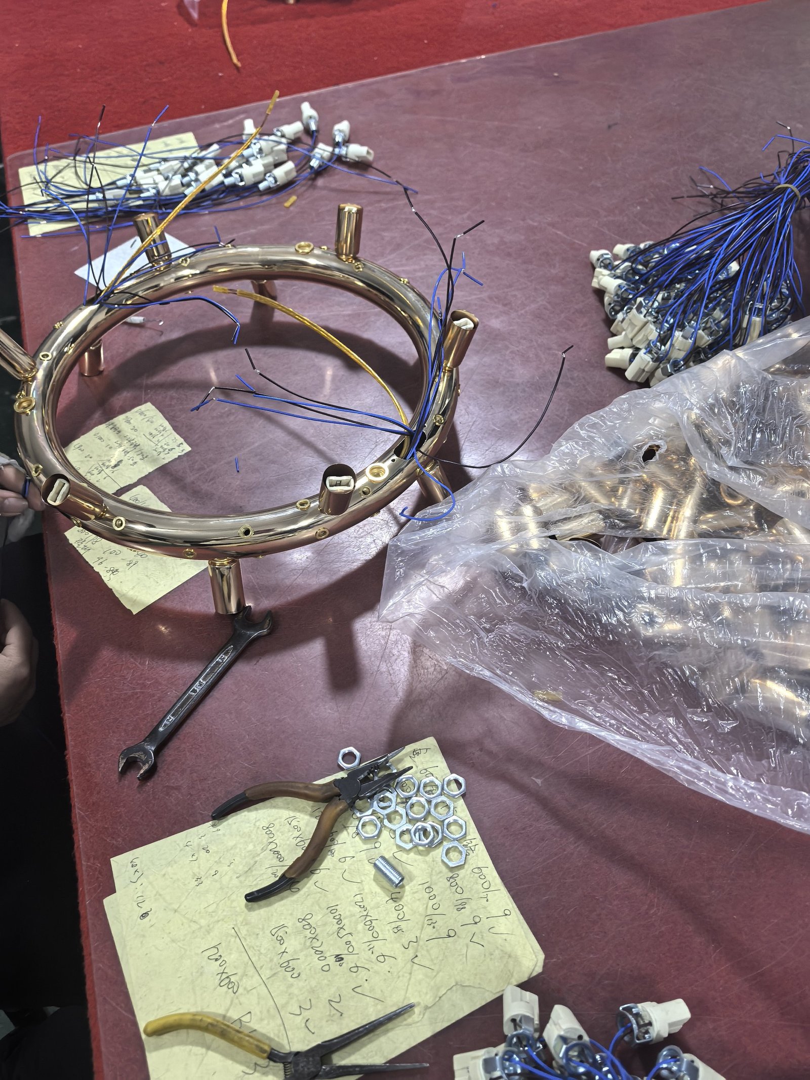 Wiring harnesses and lamp holders prepared for crystal chandelier assembly